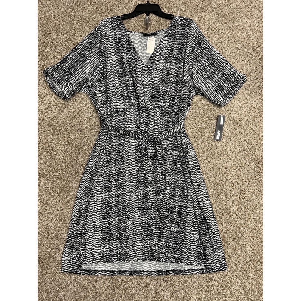 Apt. 9 Womens 2X Black White Textured Faux Wrap Dress Elbow Sleeve